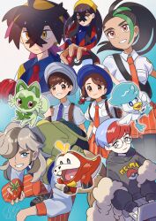 3boys 4girls arven_(pokemon) backpack bag black_hair blue_shirt breast_pocket brown_bag brown_eyes brown_hair carmine_(pokemon) closed_mouth collared_shirt commentary eyelashes florian_(pokemon) fuecoco hairband hat highres holding holding_poke_ball hood hoodie jacket juliana_(pokemon) kieran_(pokemon) mole mole_on_neck multiple_boys multiple_girls necktie nemona_(pokemon) nintendo orange_(orangelv20) orange_necktie orange_shorts penny_(pokemon) pocket poke_ball poke_ball_(basic) poke_ball_print pokemon pokemon_sv quaxly red_necktie school_uniform shirt shorts smile sprigatito starter_pokemon_trio vest white_jacket yellow_bag yellow_hairband