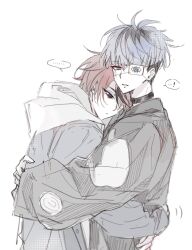2boys black_hair blue_eyes bridge_piercing closed_mouth collar eyepatch face_piercing frown hood hoodie hug japanese_clothes lip_piercing long_sleeves looking_at_viewer male_focus messy_hair multicolored_hair multiple_boys omokage_yugamu one_eye_covered open_mouth piercing purple_eyes red_hair simple_background streaked_hair sumino_takumi the_hundred_line_-last_defense_academy- upper_body white_background white_hoodie