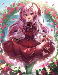 1girl :d arch black_bow black_bowtie blurry blurry_background bow bowtie center_frills clothing_cutout day dress falling_petals feet_out_of_frame floral_arch flower flower_trim frills green_pantyhose hair_between_eyes hair_flower hair_ornament highres lolita_fashion long_hair long_sleeves looking_at_viewer nijisanji nijisanji_en odayakao open_mouth orange_eyes pantyhose petals pinafore_dress pink_hair puffy_long_sleeves puffy_sleeves red_dress red_flower red_rose rose rose_bush rosemi_lovelock rosemi_lovelock_(1st_costume) shirt short_sidetail shoulder_cutout skirt_hold sleeveless sleeveless_dress smile solo standing sweet_lolita thorns virtual_youtuber white_flower white_rose white_shirt