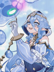 Rule 34 | 1girl, alternate color, alternate eye color, bare shoulders, blue dress, blue eyes, blue hair, blue sleeves, circlet, detached sleeves, dress, fake claws, genshin impact, gloves, hood, hoshizora no shukufuku, layla (genshin impact), long hair, off-shoulder dress, off shoulder, open mouth, pointy ears, smile, solo, upper body, white gloves, white hood