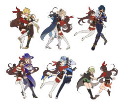 2boys 6+girls absurdres aether_(genshin_impact) amber_(genshin_impact) assertive_female blonde_hair blue_hair breasts coat collei_(genshin_impact) dancing eula_(genshin_impact) eyepatch full_body genshin_impact gloves green_hair hair_ribbon hairband hat high_heels highres hoyo_o implied_yuri jacket jean_(genshin_impact) kaeya_(genshin_impact) leotard lisa_(genshin_impact) medium_breasts multiple_boys multiple_girls multiple_views official_alternate_costume ponytail ribbon scarf shorts simple_background smile thighhighs white_background witch_hat