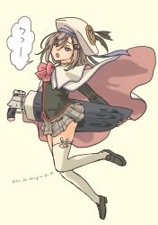 Rule 34 | 1girl, absurdres, black shoes, bow, brown hair, cape, commentary request, cosplay, full body, hair between eyes, hair ornament, hat, hat ribbon, highres, kantai collection, little busters!, long sleeves, noumi kudryavka, noumi kudryavka (cosplay), open mouth, pink bow, plaid clothes, plaid skirt, pot-de, pun, ribbon, shoes, simple background, skirt, solo, speech bubble, thighhighs, twitter username, wahoo (kancolle), white hat, white thighhighs, yellow background
