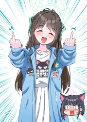Rule 34 | 2girls, airi (band) (blue archive), airi (blue archive), animal ears, black hair, blue archive, blue jacket, blush, cat ears, closed eyes, collared shirt, colored inner hair, emphasis lines, extra ears, facing viewer, green halo, hair ornament, hairclip, halo, jacket, kazusa (blue archive), long hair, long sleeves, middle finger, multicolored hair, multiple girls, open clothes, open jacket, open mouth, pink hair, pink halo, pleated skirt, shirt, skirt, smile, white shirt, white skirt, yokoshima (euphoria)
