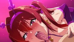 1boy 1girl animated animated_gif arika_(bakunyuu_party) bakunyuu_party blush breasts game_cg red_hair takeda_hiromitsu tongue tongue_out