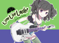 1girl :q black_hair breasts cleavage electric_guitar female_focus guitar instrument original purple_eyes solo striped_clothes striped_thighhighs thighhighs tiv tongue tongue_out