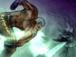 Rule 34 | 2boys, angry, attack trail, black gloves, bryan fury, clenched hands, clenched teeth, crack, cracked wall, dr.abel (tekken), game cg, gloves, kawano takuji, male focus, motion blur, multiple boys, official art, pants, punching, short hair, snake print, swing, teeth, tekken, tekken 4, topless male