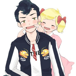 1boy 1girl ana_(mother) black_hair blonde_hair blush bow closed_eyes dragon dress forced_smile green_eyes hair_bow highres mother_(series) mother_1 nintendo open_mouth pink_dress possum_pix08 red_bow short_twintails smile sweater teddy_(mother) twintails