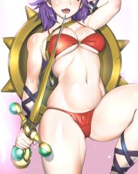 1girl absurdres arm_behind_head arm_up armpit_peek artist_request athena_(series) bikini bra breasts cameltoe cleavage highres large_breasts leg_lift legs long_hair love_handles navel open_clothes princess princess_athena purple_hair red_bikini ribs sandals shield skindentation smile snk solo swimsuit sword thick_thighs thighs toned underwear weapon