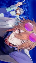 2boys alternate_costume antenna_hair aonon_040 black_choker black_vest blonde_hair blue_eyes braid chest_tattoo choker commentary_request eyewear_on_head facial_tattoo gradient_hair hair_between_eyes highres honkai:_star_rail honkai_(series) jacket jacket_on_shoulders male_focus medium_hair multicolored_hair multiple_boys mydei_(honkai:_star_rail) one_eye_closed phainon_(honkai:_star_rail) purple_shirt red_hair red_tattoo shirt short_hair side_braid sideways tattoo v vest white_hair yellow_eyes