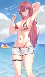 2girls abrokedrawer absurdres arm_behind_head arm_up armpits bare_shoulders beach bikini blue_sky breasts character_request cleavage day earrings hair_between_eyes heterochromia highres hololive houshou_marine houshou_marine_(summer) jewelry large_breasts long_hair looking_at_viewer multiple_girls navel ocean outdoors red_eyes red_hair sky smile standing stomach swimsuit thighs virtual_youtuber yellow_eyes