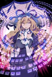 1girl absurdres blonde_hair breasts choker cleavage danmaku dress earrings elbow_gloves finger_to_mouth frills gloves hair_between_eyes hair_ribbon hat highres holding holding_umbrella ichizen_(o_tori) jewelry large_breasts long_hair looking_at_viewer mob_cap purple_dress purple_eyes ribbon ribbon_choker short_sleeves smile solo touhou umbrella white_gloves yakumo_yukari