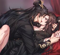 2boys black_hair black_hanfu black_sash blue_eyes braid chinese_clothes chinese_hairpin chu_wanning closed_eyes dragon_print erha_he_tadebai_mao_shizun french_kiss hair_bun hair_ornament hairpin hand_on_another&#039;s_head hanfu high_ponytail highres holding_another&#039;s_wrist kiss korean_commentary long_hair long_sleeves looking_at_another lying mo_ran multiple_boys no_pants on_back open_clothes open_mouth ponytail saliva saliva_trail sash taxian-jun tongue upper_body wide_sleeves yaoi zehel_az