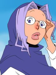 1girl adjusting_eyewear bespectacled black-framed_eyewear blue_background blue_eyes blue_hood commentary_request curtained_hair expressionless glasses hood hood_up kumoi_ichirin lips long_sleeves looking_at_viewer onikobe_rin parted_bangs parted_lips purple_hair shirt short_hair solo touhou upper_body white_shirt
