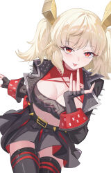 1girl absurdres black_gloves black_jacket black_skirt black_thighhighs black_tube_top breasts burnice_white cleavage fingerless_gloves gloves hair_ornament highres jacket large_breasts midriff miniskirt navel red_eyes short_hair simple_background skirt solo strapless thighhighs thighs tongue tongue_out tube_top twintails white_background wuzhihuijia zenless_zone_zero