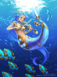 1girl air_bubble aqua_eyes blue_hair bow_(music) breasts bubble character_request copyright_notice fish holding holding_bow_(music) holding_instrument holding_violin instrument kato_ayaka long_hair mermaid monster_girl navel pointy_ears solo underwater very_long_hair violin z/x