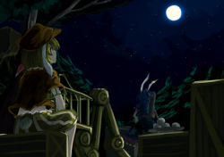 2girls akaiha_(akaihagusk) animal_ears bad_id bad_pixiv_id blonde_hair blue_dress blue_hair rabbit_ears dress flat_cap floppy_ears full_moon hat kine long_hair mallet moon multiple_girls night orange_shirt red_eyes ringo_(touhou) seiran_(touhou) shirt short_hair skirt smile touhou