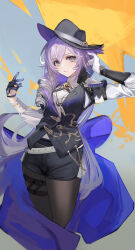1girl absurdres arm_up asymmetrical_gloves belt black_gloves black_hat blue_eyes breasts cape commentary_request detective_(silver_palace) drill_hair drill_sidelocks eugle_na fedora female_detective_(silver_palace) gloves gradient_background hair_between_eyes hand_in_own_hair hand_up hat highres jewelry long_hair long_sleeves looking_at_viewer medium_breasts necklace pantyhose parted_lips purple_cape purple_hair red_pupils shirt shorts sidelocks silver_palace solo standing vest waistcoat white_belt white_gloves white_shirt