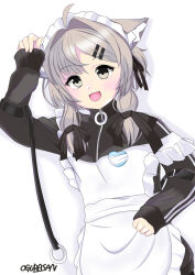 1girl :d ahoge alternate_costume animal_ear_fluff animal_ears apron arm_up artist_name black_jacket black_ribbon frilled_apron frills grey_eyes grey_hair hair_intakes hair_ornament hair_ribbon hairclip highres jacket long_hair long_sleeves looking_at_viewer mafuyu_(vrchat) maid maid_apron maid_headdress name_tag open_mouth ribbon simple_background sleeves_past_wrists smile solo strap_slip track_jacket track_suit turtleneck turtleneck_jacket unconventional_maid user_vdrh8274 vrchat white_apron white_background wolf_ears zipper zipper_pull_tab