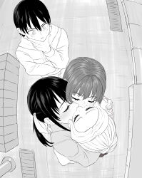 1boy 3girls :o absurdres blush closed_eyes closed_mouth commentary english_commentary from_above greyscale hand_on_own_chin highres hug kanojo_mo_kanojo kiryuu_shino kiss looking_at_another luizhtx minase_nagisa monochrome mukai_naoya multiple_girls saki_saki_(kanojo_mo_kanojo) standing stroking_own_chin yuri