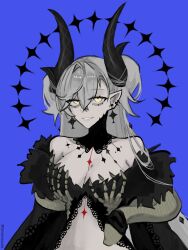 1girl blue_background breasts cleavage demon_girl demon_horns fate/grand_order fate_(series) grin highres horns large_breasts lilith_(fate) lilith_(third_ascension)_(fate) looking_at_viewer skeletal_hand smile solo tamamocore twintails yellow_eyes