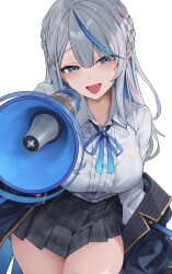 1girl :d absurdres amagai_ruka blue_eyes blue_hair blue_jacket blue_ribbon braid breasts center-flap_bangs center_frills collared_shirt commentary_request frills gold_trim grey_hair hair_between_eyes half_crown_braid highres holding holding_megaphone jacket jacket_partially_removed kaguya_(srx61800) lapels large_breasts long_hair long_sleeves looking_at_viewer megaphone miniskirt multicolored_hair notched_lapels open_mouth plaid_clothes plaid_skirt pleated_skirt ribbon shirt shirt_tucked_in side_braids simple_background skirt smile solo streaked_hair virtual_youtuber weather_planet white_background white_shirt