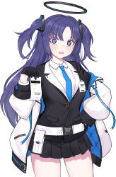 1girl belt black_gloves black_jacket black_skirt blue_archive blue_eyes blue_hair blue_necktie blush breasts collared_shirt commentary cowboy_shot gloves half_gloves halo hand_on_own_hip hand_up highres holding_bill jacket looking_at_viewer medium_breasts necktie off_shoulder open_clothes open_jacket open_mouth parted_bangs pleated_skirt shirt simple_background skirt solo sweatdrop two-sided_fabric two-sided_jacket two_side_up white_background white_belt white_jacket white_shirt yuuka_(blue_archive) zuki_(user_mzpz5848)