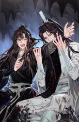 Rule 34 | 2boys, absurdres, ahoge, biting, biting another&#039;s arm, black hair, black hanfu, blood, blood on clothes, blurry, blurry foreground, blush, brown eyes, brown hair, cave, chinese clothes, dirty, dirty clothes, dirty face, gearous, grass, hair between eyes, hair ribbon, hanfu, high ponytail, highres, holding another&#039;s arm, injury, lan wangji, long hair, long sleeves, looking at another, male focus, modao zushi, multiple boys, non-web source, official art, one eye closed, open mouth, outstretched arm, ponytail, red ribbon, ribbon, robe, sidelocks, sitting, tassel, teeth, torn clothes, wei wuxian, white hanfu, wide sleeves, xiao guan (headdress), yaoi, yaopei, yellow eyes