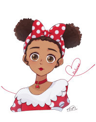 1girl afro alternate_costume alternate_hairstyle bow brown_eyes brown_hair choker cosplay curly_hair dark-skinned_female dark_skin disney dolores_madrigal dress encanto hair_bow highres mickey_mouse_&amp;_friends minnie_mouse minnie_mouse_(cosplay) polka_dot polka_dot_bow polka_dot_dress polka_dot_skirt red_bow red_choker simple_background skirt solo user_cwvk5558
