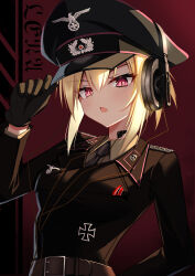 1girl absurdres adjusting_clothes adjusting_headwear belt blonde_hair brown_gloves cross epaulettes fang gloves hat headphones highres iron_cross jiseki_rena looking_at_viewer military_dress_uniform military_uniform nazi necktie open_mouth original peaked_cap red_eyes reichsadler rena_(jiseki_rena) short_hair skin_fang solo throat_microphone totenkopf tsurime white_background