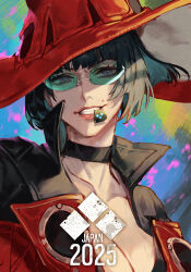 1girl 2025 black_choker black_hair black_jacket blue-tinted_eyewear blue_eyes breasts choker cleavage collared_jacket evolution_championship_series eyelashes eyes_visible_through_eyewear glasses guilty_gear guilty_gear_strive hat hungry_clicker i-no jacket large_breasts looking_at_viewer mole plectrum popped_collar red_hat rimless_eyewear short_hair smile solo teeth tinted_eyewear upper_body wide_brim