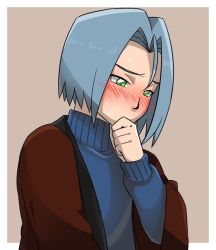 1boy blue_hair blush brown_background creatures_(company) game_freak green_eyes james_(pokemon) male_focus nintendo pokemon pokemon_(anime) sick solo sweat team_rocket third-party_source yumeji009