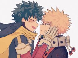 2boys bakugou_katsuki blonde_hair blush boku_no_hero_academia closed_eyes closed_mouth freckles gloves green_hair hand_on_another&#039;s_face highres hood hood_down ice_0377 long_sleeves looking_at_another male_focus midoriya_izuku multiple_boys open_mouth profile red_eyes scarf simple_background smile superhero_costume upper_body white_background white_gloves yaoi yellow_scarf