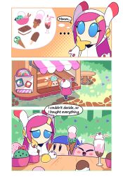 Rule 34 | 1girl, bandana, bandana waddle dee, blue bandana, blue eyes, blush stickers, cherry, colored skin, food, fruit, gloves, hair ornament, hairclip, hand on own chin, ice cream, ice cream sandwich, kirby, kirby (series), multiple scoops, nintendo, pink hair, pink skin, popsicle, rayman limbs, skewedcanvas, susie (kirby), waddle dee, yellow gloves