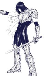1other armor black_hair cape dante_(rottendevilman) deltarune highres holding kris_(dark_world)_(deltarune) kris_(deltarune) other_focus shiny_clothes simple_background skin_tight standing sword weapon
