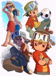 Rule 34 | 2boys, ball, blue swim trunks, brown eyes, brown hair, cowboy shot, digimon, digimon frontier, full body, goggles, goggles on head, green hat, hat, highres, jacket, kanbara takuya, male swimwear, minamoto kouji, multiple boys, red jacket, red shorts, red swim trunks, shirt, short hair, shorts, soccer ball, solo focus, swim trunks, takeda conomi, topless male, yellow shirt