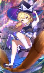 1girl black_hat blonde_hair blush braid broom broom_riding broom_surfing closed_mouth floating_hair hand_up hat highres kiramarukou kirisame_marisa long_hair mary_janes shoes side_braid single_braid smile socks solo space star_(sky) touhou v-shaped_eyebrows white_socks witch_hat yellow_eyes