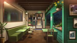 booth_seating brick_wall english_text fern glass_door hanging_plant hanging_sign haze highres indoors mirror night no_humans non-web_source official_art our_life:_beginnings_and_always photo_(object) plant potted_plant reflective_surface scenery shop sign stool table tile_floor tiles variant_set window wooden_chair wooden_table wooden_wall