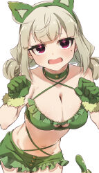 1girl animal_ears araga_kiwi blush bra breasts cat_ears cat_tail cleavage cleavage_cutout clothing_cutout commentary_request eyebrows_hidden_by_hair fake_animal_ears fake_tail feet_out_of_frame fur-trimmed_gloves fur_trim fuurinura gloves green_bra green_gloves green_hair green_skirt highres large_breasts leoparde_(mahou_shoujo_ni_akogarete) lingerie looking_at_viewer mahou_shoujo_ni_akogarete medium_hair official_alternate_costume open_mouth paw_pose red_eyes simple_background skirt solo tail underwear white_background