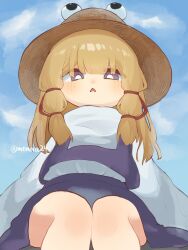 1girl blonde_hair blue_background brown_hat edamanecha frown hair_ornament hair_ribbon hat highres long_sleeves looking_at_viewer moriya_suwako open_mouth purple_eyes purple_skirt purple_vest ribbon signature sitting skirt skirt_set solo touhou twitter_username vest wide_sleeves