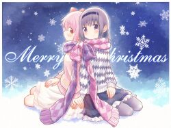 2girls akemi_homura alternate_costume argyle_clothes argyle_scarf argyle_sweater black_hairband black_skirt blue_sky character_profile commentary dated_commentary english_commentary english_text fingernails frilled_skirt frills fringe_trim grey_pantyhose hairband hand_on_hand hand_on_lap happy highres holding_hands iso_usagi jewelry kaname_madoka kneeling knees kyubey lace lace-trimmed_skirt lace_trim light_blush long_hair long_sleeves looking_at_another mahou_shoujo_madoka_magica mahou_shoujo_madoka_magica_(anime) merry_christmas miniskirt multiple_girls night night_sky orange_eyes outline pantyhose pink_scarf pink_sweater pleated_skirt pointy_nose purple_eyes purple_hair purple_scarf purple_sweater ring scarf shadow shared_clothes shared_scarf skirt sky snowflakes snowing star_(symbol) star_print studded_hairband sweater tareme two-tone_scarf white_outline white_skirt winter_clothes yuri