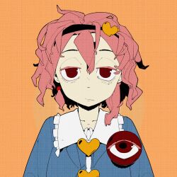 1girl bags_under_eyes blue_shirt bolos buttons frilled_shirt_collar frills hair_ornament heart heart_button heart_hair_ornament highres komeiji_satori messy_hair orange_background pink_hair red_eyes shirt solo third_eye touhou upper_body