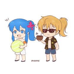 2boys :d alternate_costume alternate_hairstyle armband ball beachball blonde_hair blue_eyes blue_hair blue_swim_trunks chibi chibi_only closed_mouth cocktail_umbrella coconut_cup collarbone collared_shirt commentary contemporary drink drinking_straw english_commentary expressionless fire_emblem fire_emblem:_genealogy_of_the_holy_war fire_emblem_heroes flower hair_between_eyes hair_flower hair_ornament happy hawaiian_shirt headband holding holding_ball holding_beachball holding_drink inflatable_armbands jewelry male_swimwear multiple_boys necklace nintendo nyawn5 opaque_sunglasses open_clothes open_mouth open_shirt orange_armband pink_flower ponytail shirt shout_lines sidelocks simple_background smile summer twitter_username white_background white_headband white_male_swimwear wide-eyed