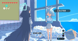 Rule 34 | 2girls, 3girls, absurdly long hair, aqua halo, aris (blue archive), arona (blue archive), black hair, blue archive, blue hair, blue shirt, blue sky, blush stickers, bow hairband, braid, closed eyes, commentary, envelope, from behind, hairband, halo, hiding, highres, holding, locker, long hair, looking at another, miaki (mi autumn39), multicolored hair, multiple girls, nintendo, ocean, open mouth, parody, pink hair, plana (blue archive), pyroxene (blue archive), red halo, shirt, single braid, skirt, sky, standing, the legend of zelda, the legend of zelda: breath of the wild, translation request, very long hair, white hairband, white skirt