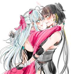 2girls arms_around_neck black_gloves black_hair blue_hair blush bow carlotta_(wuthering_waves) commentary_request dress earrings eye_contact female_rover_(wuthering_waves) from_side gloves hair_bow highres jewelry lipstick_mark lipstick_mark_on_arm lipstick_mark_on_face long_hair looking_at_another multiple_girls noses_touching parted_lips partially_fingerless_gloves pink_bow pink_dress profile rover_(wuthering_waves) smile wuthering_waves yellow_eyes yuri yurikure4