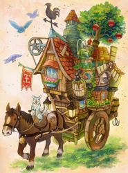 :3 apple bell bird birdcage cage carriage chicken chimney commentary_request dog fantasy faucet fish flag flower food fruit grass grey_background hook horse horseback_riding kemi_neko lantern leaf looking_at_viewer no_humans original plank plant potted_plant reins riding rooster sheep tongue tongue_out tree walking water windmill window