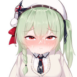Rule 34 | 1girl, after fellatio, beret, black necktie, blush, braid, cardigan, collared shirt, cum, cum on body, cum on clothes, facial, full-face blush, full mouth, green hair, hair between eyes, hat, highres, huanxiang koudai meow, indie virtual youtuber, long hair, long sleeves, looking at viewer, looking up, mesugaki, mozhe inkian, necktie, one side up, portrait, red eyes, shirt, simple background, solo, upper body, white hat, white shirt