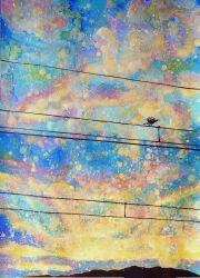 Rule 34 | absurdres, acrylic paint (medium), bird, blue sky, cloud, cloudy sky, crow, highres, jobanni, mountainous horizon, no humans, original, overhead line, painting (medium), power lines, sky, sky focus, traditional media