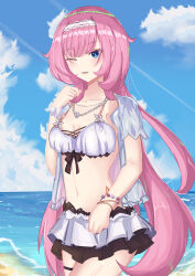 1girl ;) absurdres bikini bikini_skirt blue_eyes blue_sky bracelet breasts cleavage cloud commentary_request cowboy_shot elysia_(honkai_impact) elysia_(miss_pink_elf)_(honkai_impact) elysia_(summer_miss_elf)_(honkai_impact) highres honkai_(series) honkai_impact_3rd jacket jewelry long_hair looking_at_viewer medium_breasts navel ocean official_alternate_costume one_eye_closed outdoors pink_hair scrunchie see-through_clothes see-through_jacket shell shell_bikini sky smile solo stomach swimsuit thighs tsubasa_umo very_long_hair white_bikini wrist_scrunchie