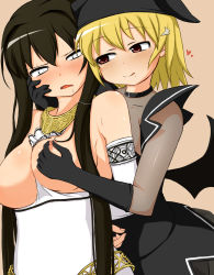 2girls bare_shoulders between_breasts black_hair blonde_hair breasts clothes_between_breasts elbow_gloves gloves grabbing_another&#039;s_breast groping hand_on_another&#039;s_cheek hand_on_another&#039;s_face highres large_breasts long_hair mabinogi morrighan multiple_girls negetsu nipple_stimulation nipple_tweak nipples red_eyes saliva saliva_trail short_hair succubus_(mabinogi) tongue white_eyes yuri