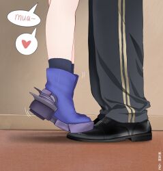 Rule 34 | 1girl, 1other, absurdres, azur lane, black pants, boots, chaye mo, heart, highres, implied kiss, javelin (azur lane), pants, spoken heart, standing on person, tiptoes